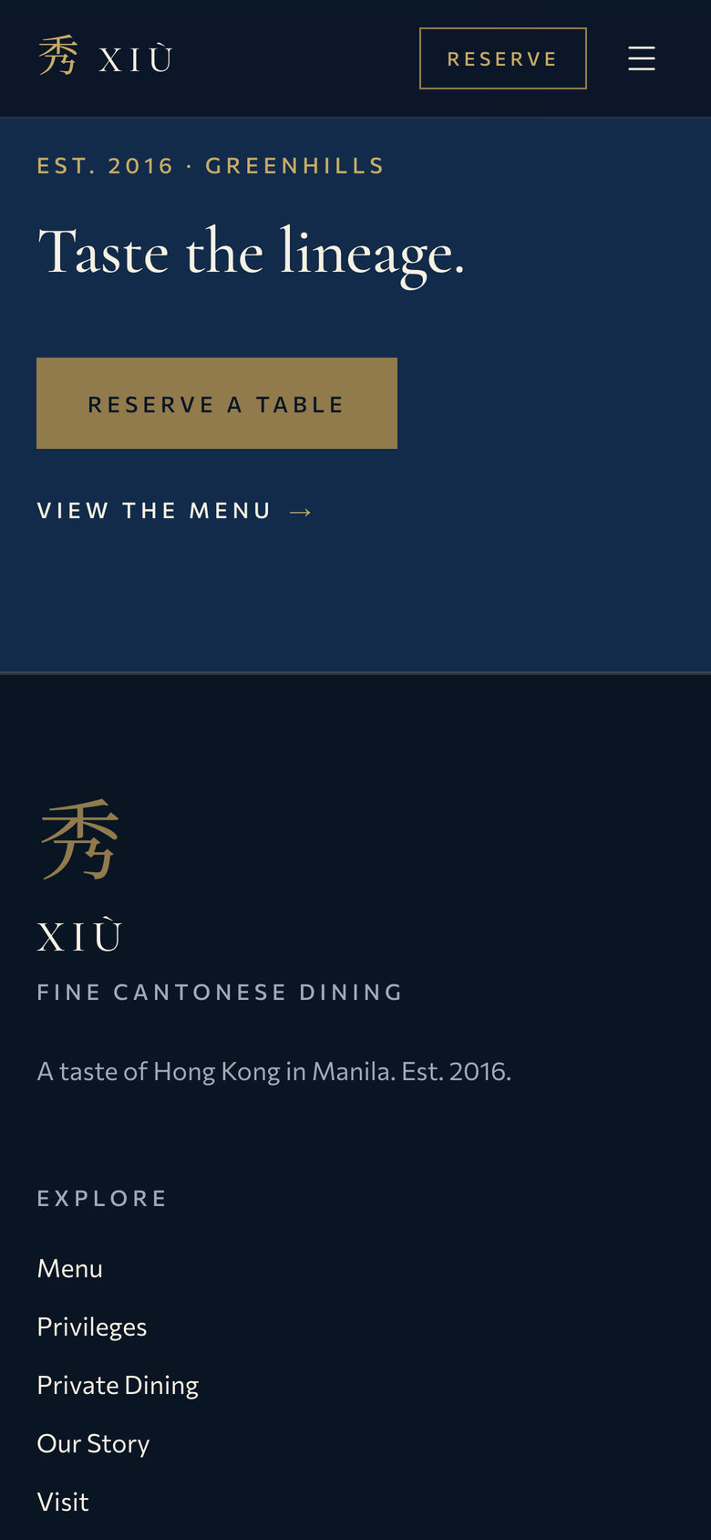 Xiu Fine Cantonese Dining: Closing Call on the Our Story page, mobile