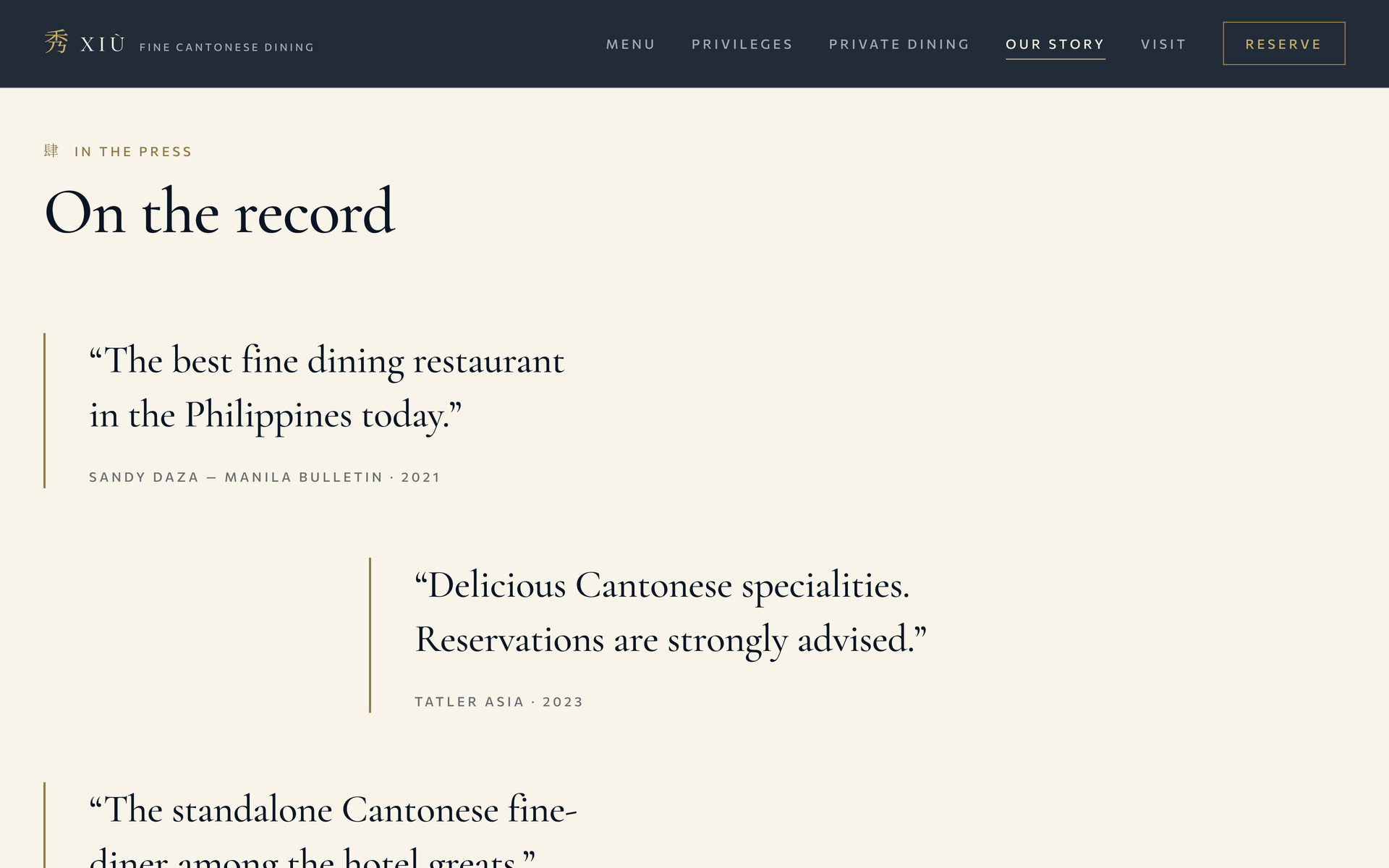 Xiu Fine Cantonese Dining: In the Press on the Our Story page, desktop