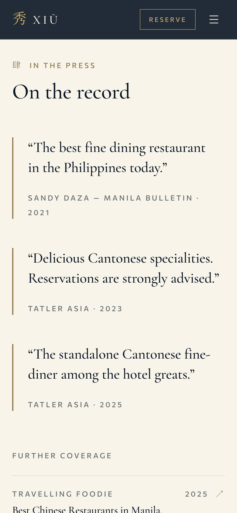 Xiu Fine Cantonese Dining: In the Press on the Our Story page, mobile