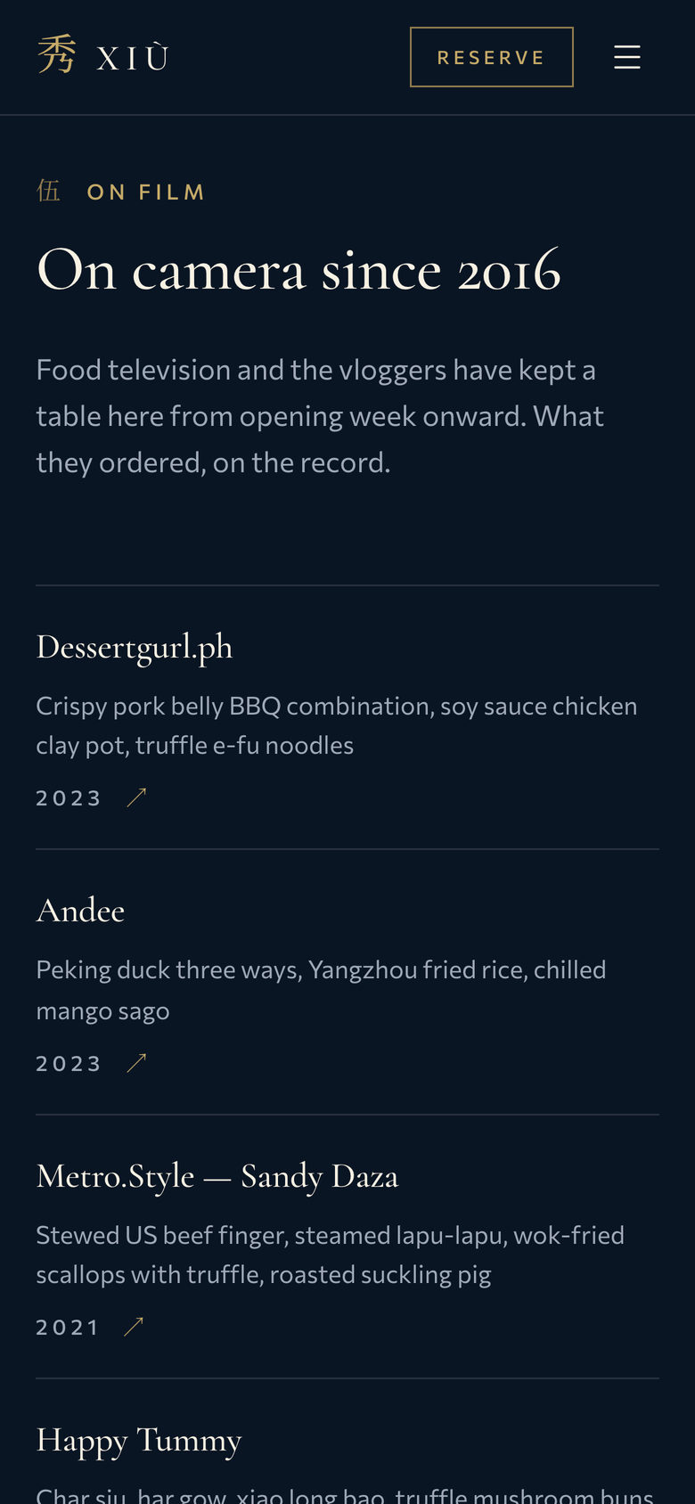 Xiu Fine Cantonese Dining: On Film on the Our Story page, mobile