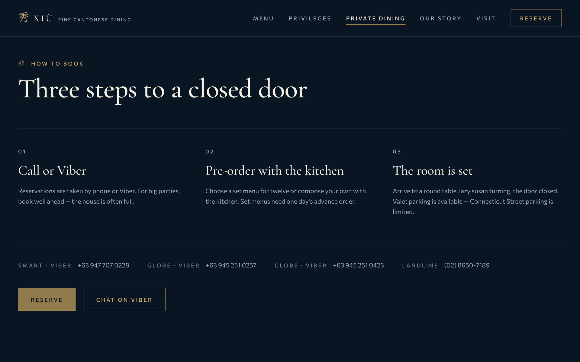 Xiu Fine Cantonese Dining: How to Book on the Private Dining page, desktop
