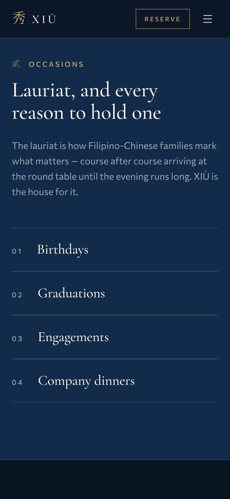 Xiu Fine Cantonese Dining: Occasions on the Private Dining page, mobile