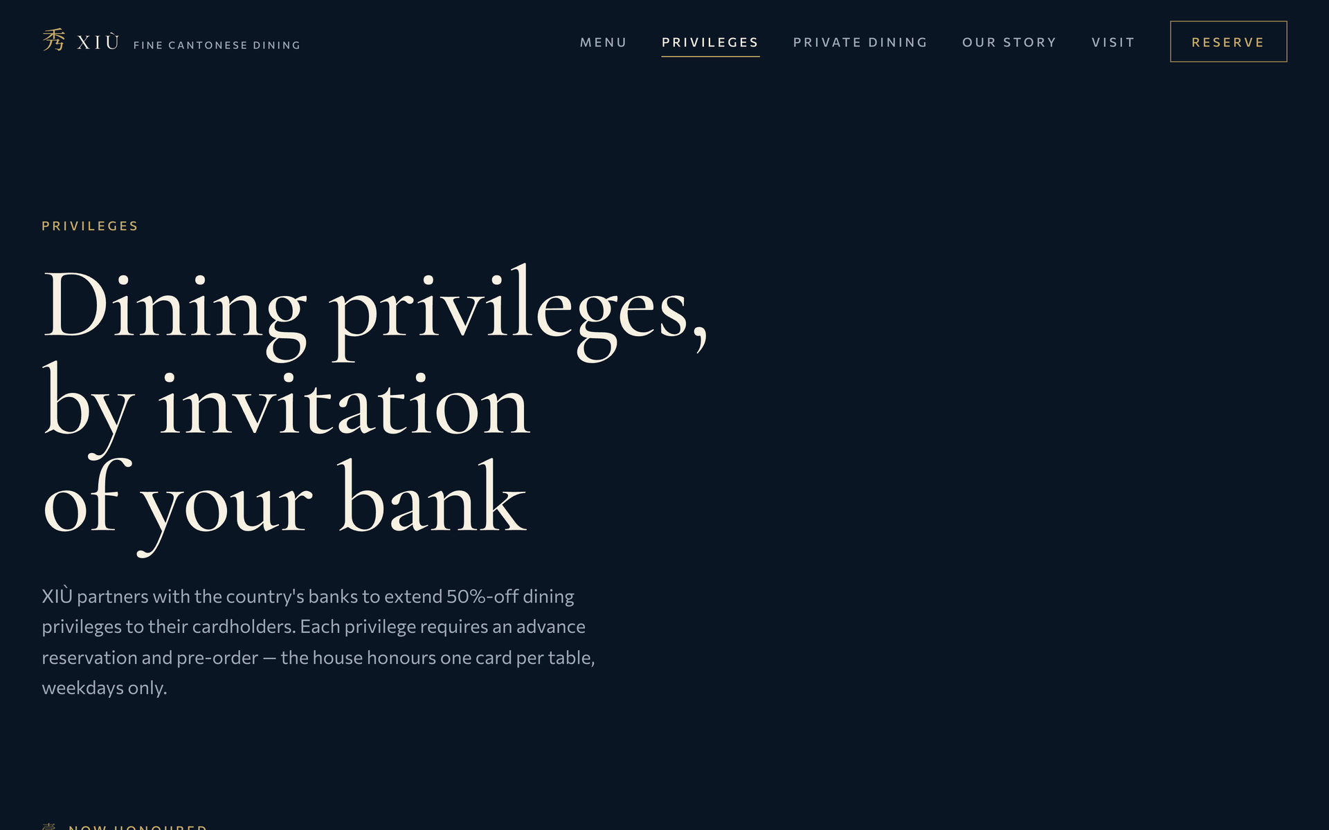 Xiu Fine Cantonese Dining: Hero on the Privileges page, desktop