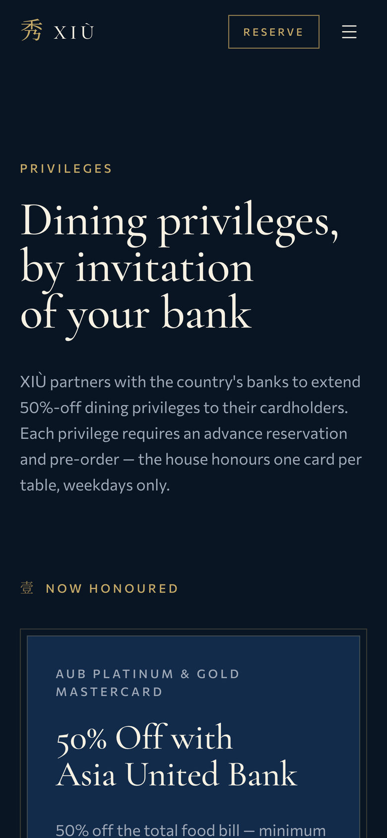 Xiu Fine Cantonese Dining: Hero on the Privileges page, mobile