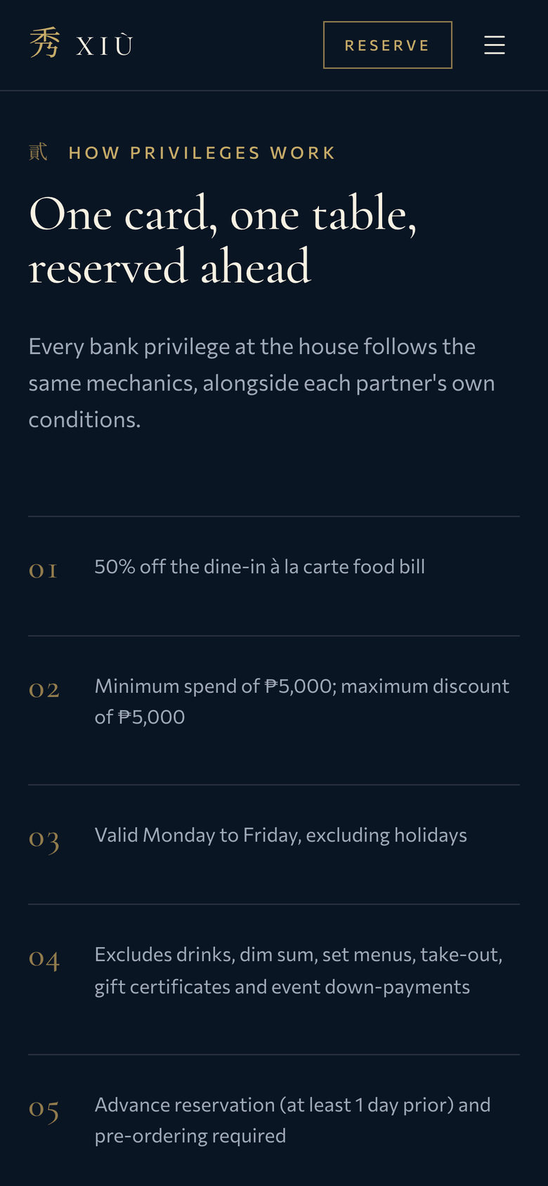 Xiu Fine Cantonese Dining: How Privileges Work on the Privileges page, mobile