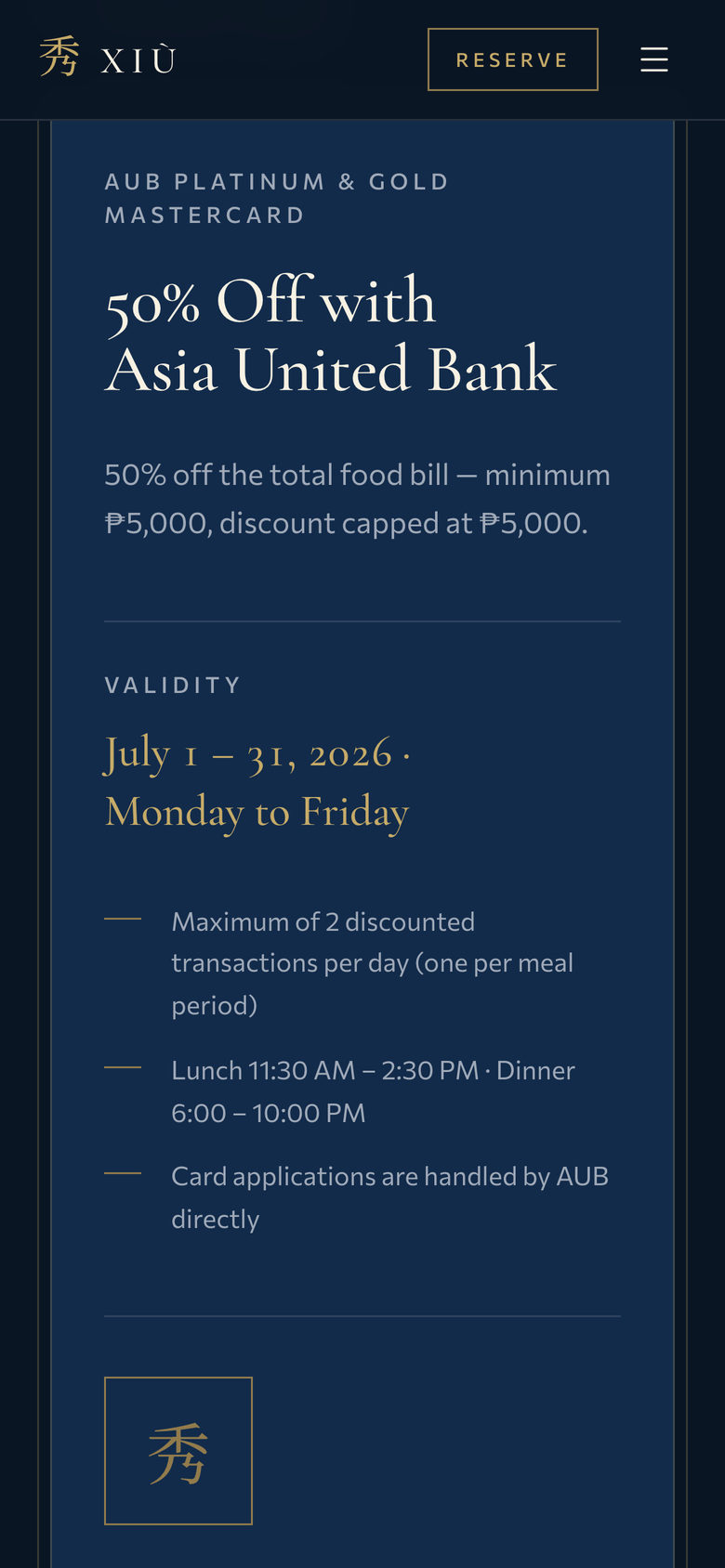 Xiu Fine Cantonese Dining: Now Honoured on the Privileges page, mobile