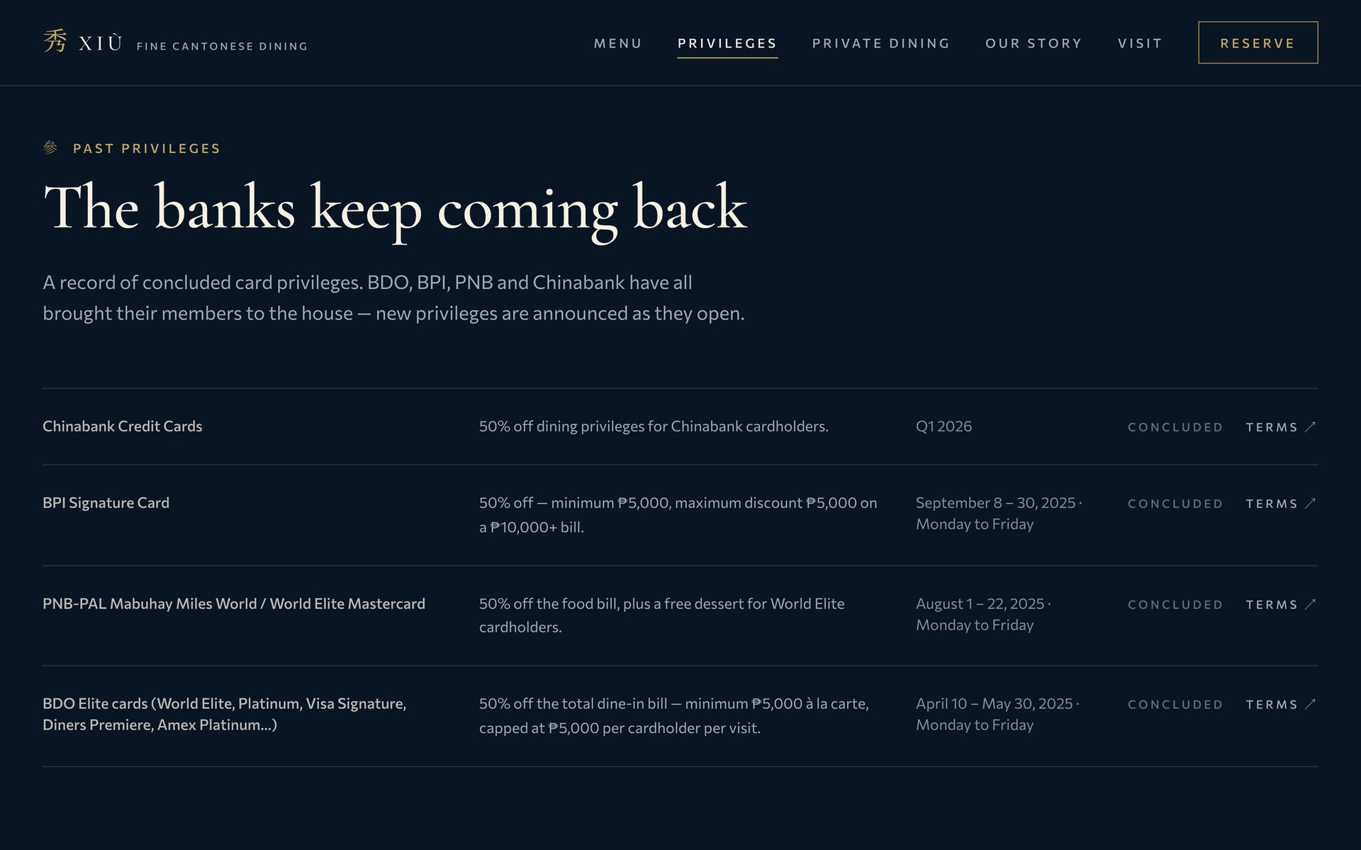 Xiu Fine Cantonese Dining: Past Privileges on the Privileges page, desktop
