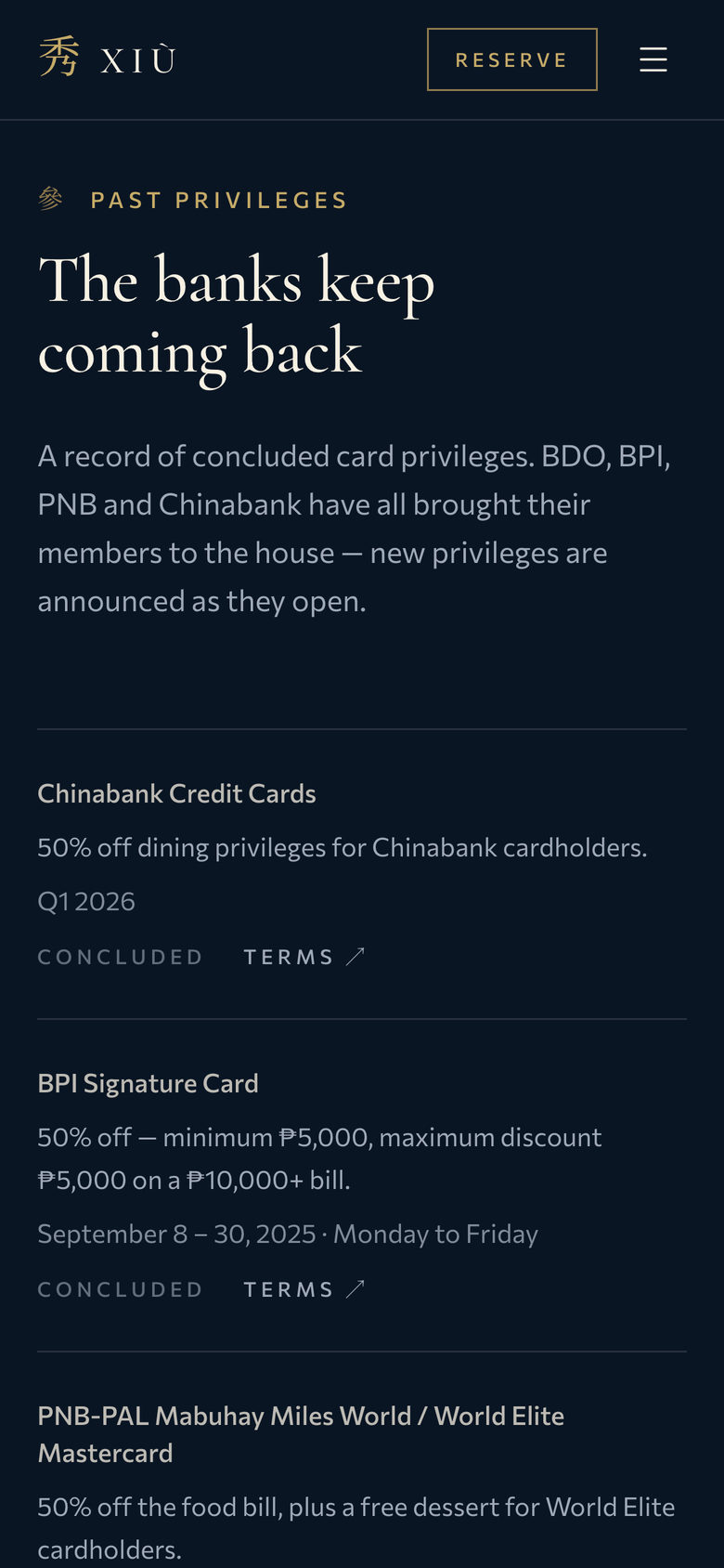 Xiu Fine Cantonese Dining: Past Privileges on the Privileges page, mobile