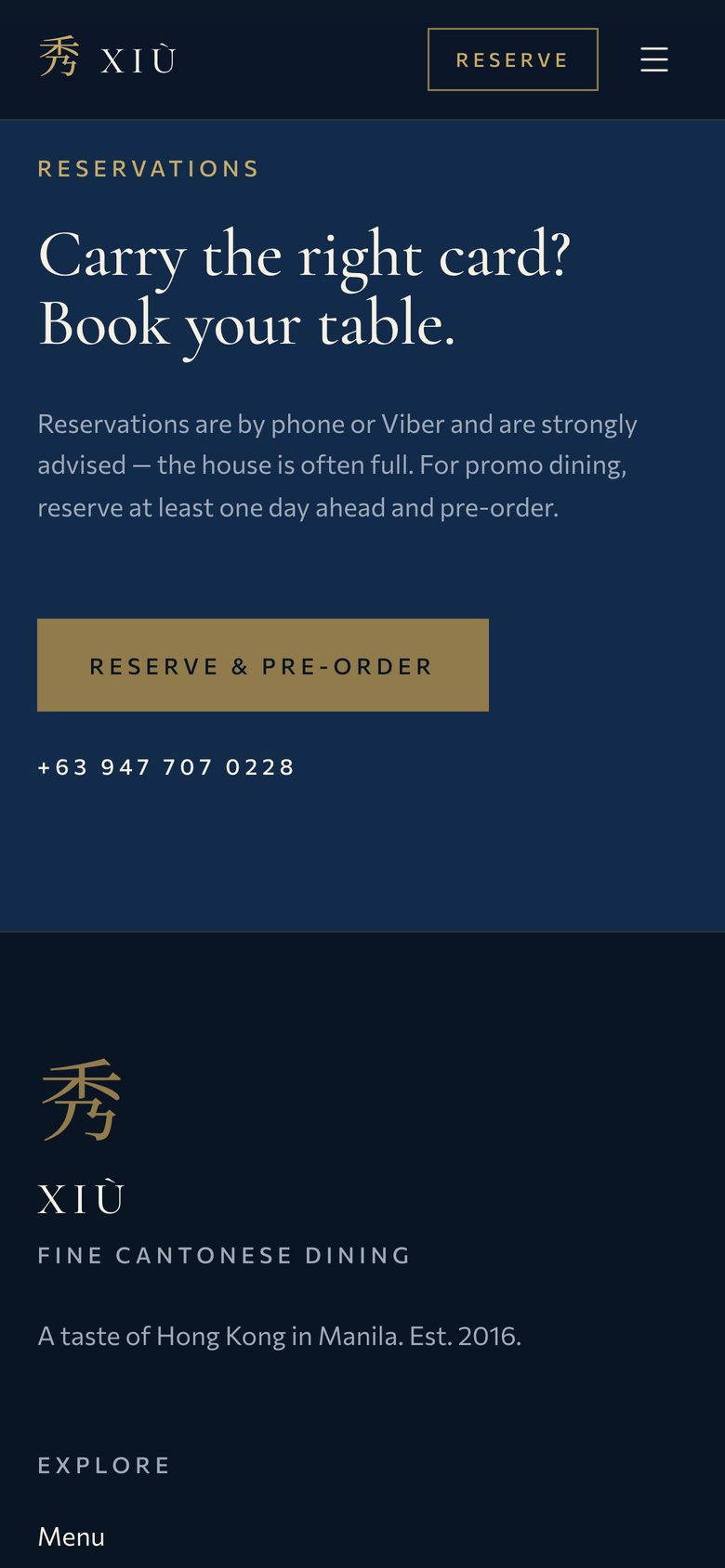 Xiu Fine Cantonese Dining: Reservations Call on the Privileges page, mobile