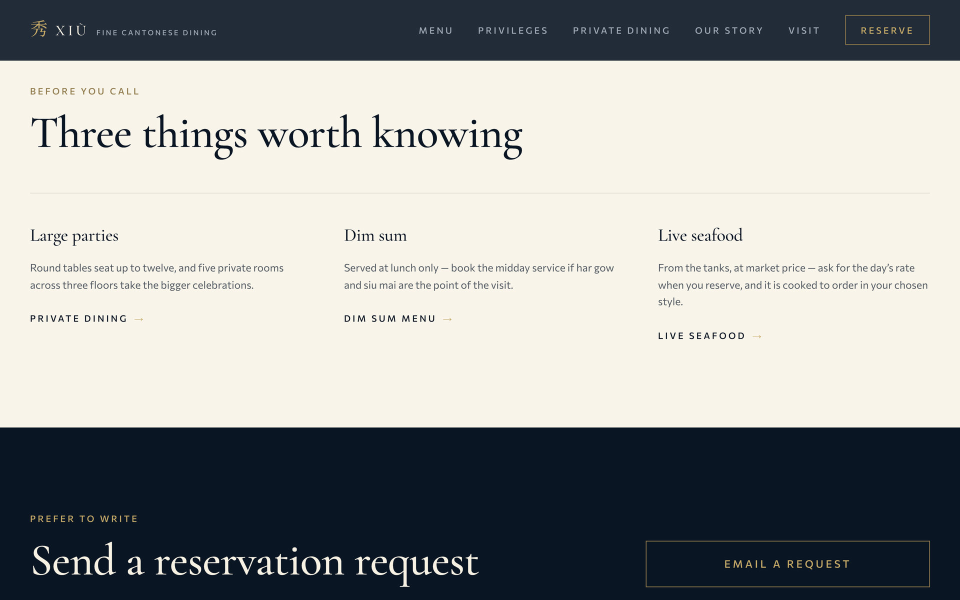 Xiu Fine Cantonese Dining: Before You Call on the Reserve page, desktop