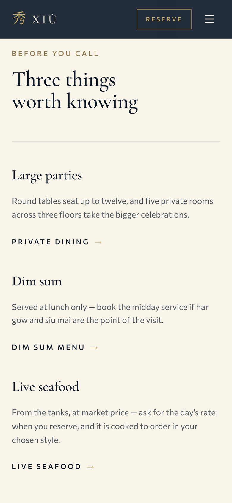 Xiu Fine Cantonese Dining: Before You Call on the Reserve page, mobile