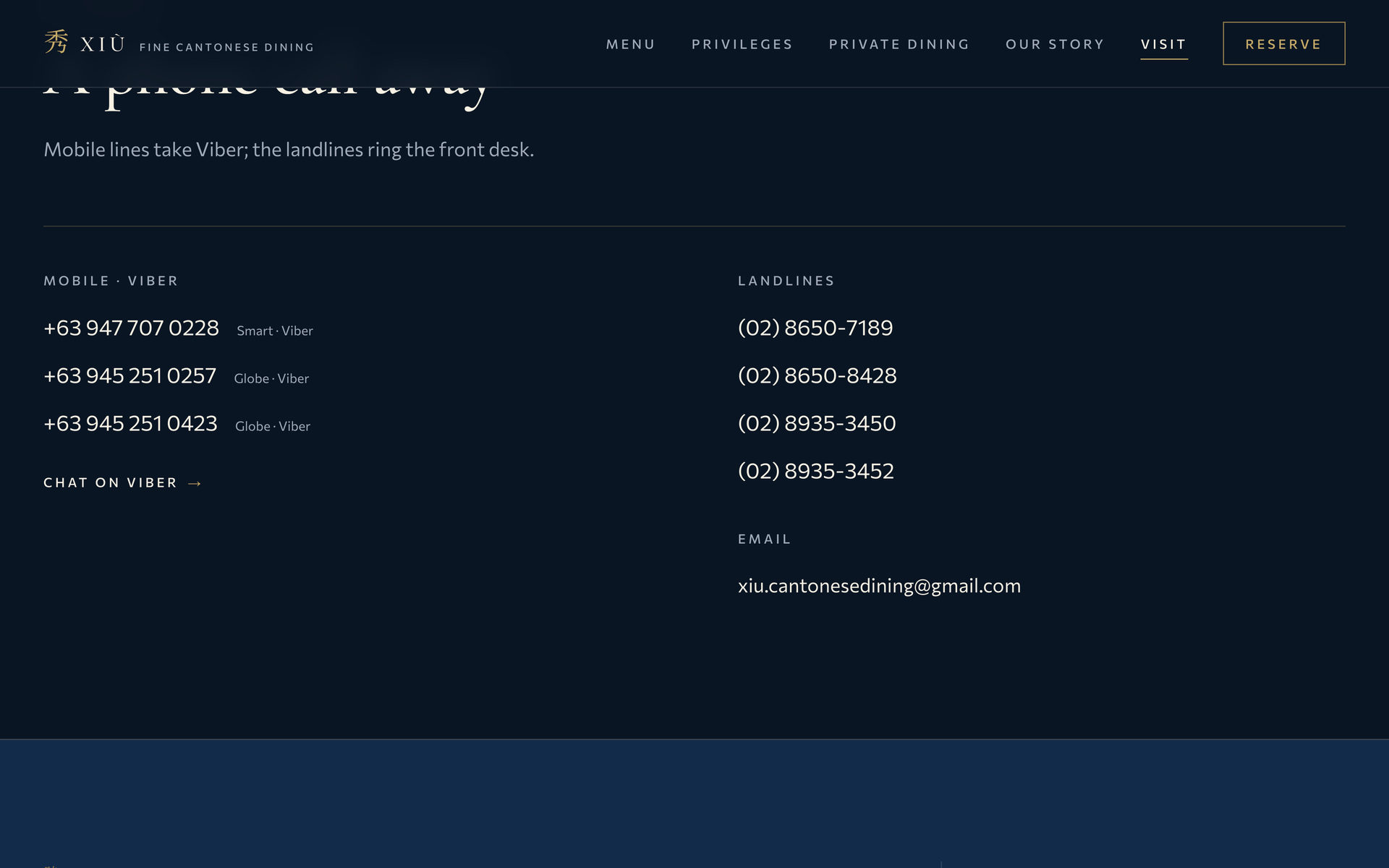 Xiu Fine Cantonese Dining: Contact on the Visit page, desktop