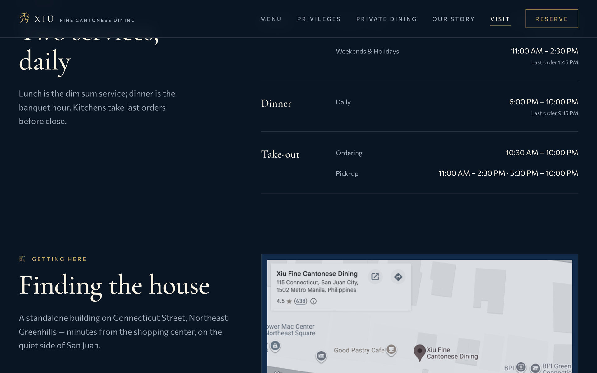 Xiu Fine Cantonese Dining: Hours on the Visit page, desktop