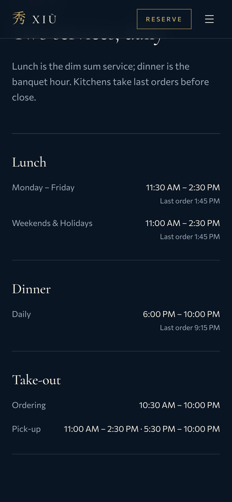 Xiu Fine Cantonese Dining: Hours on the Visit page, mobile