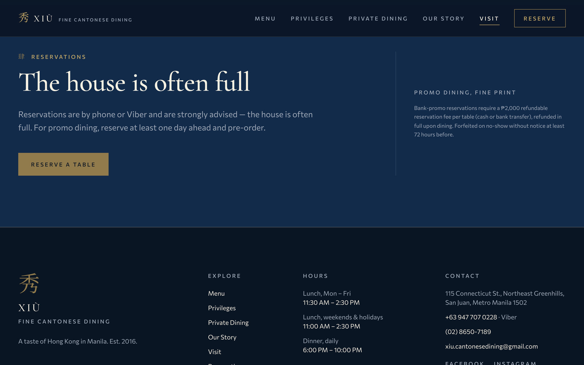 Xiu Fine Cantonese Dining: Reservations on the Visit page, desktop